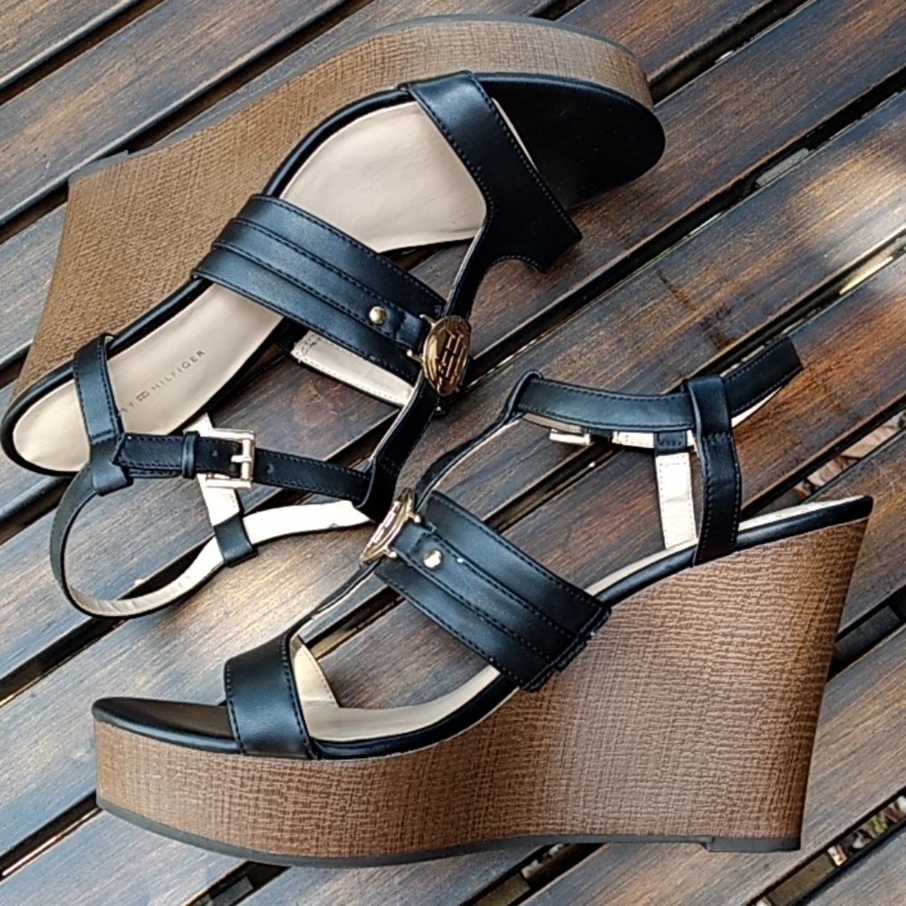 Black Leather Wedge Sandals